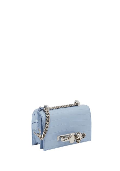 Borsa Mini Jewelled Satchel Azzurra e Argento In Pelle Goffrata Coccodrillo ALEXANDER MCQUEEN | 653134-1HB024900